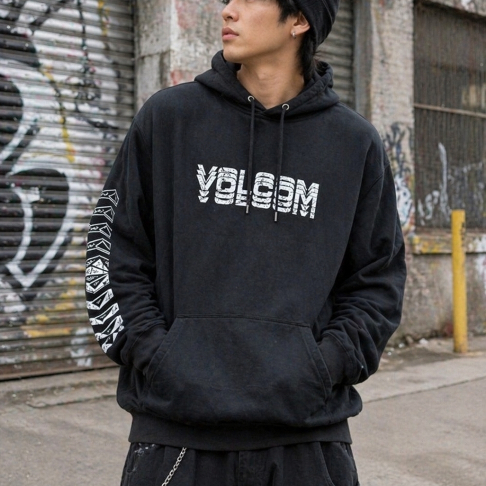 Volcom Black Hoodie XL White Logo Graphic Pullover Streetwear Skate Mens
